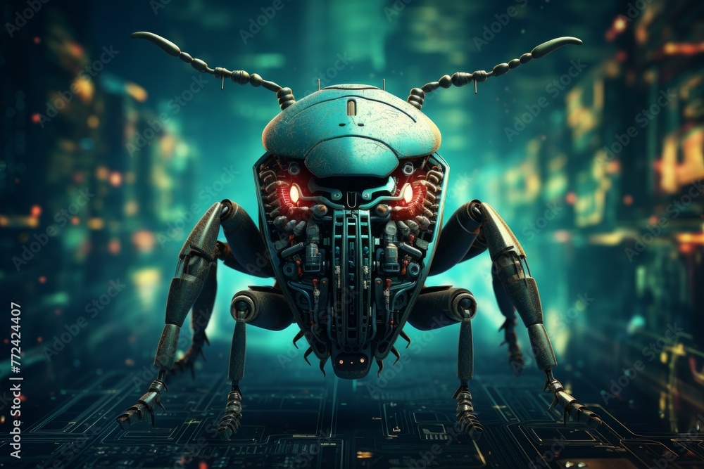 Poster persistent software bug robot. virus sign. generate ai