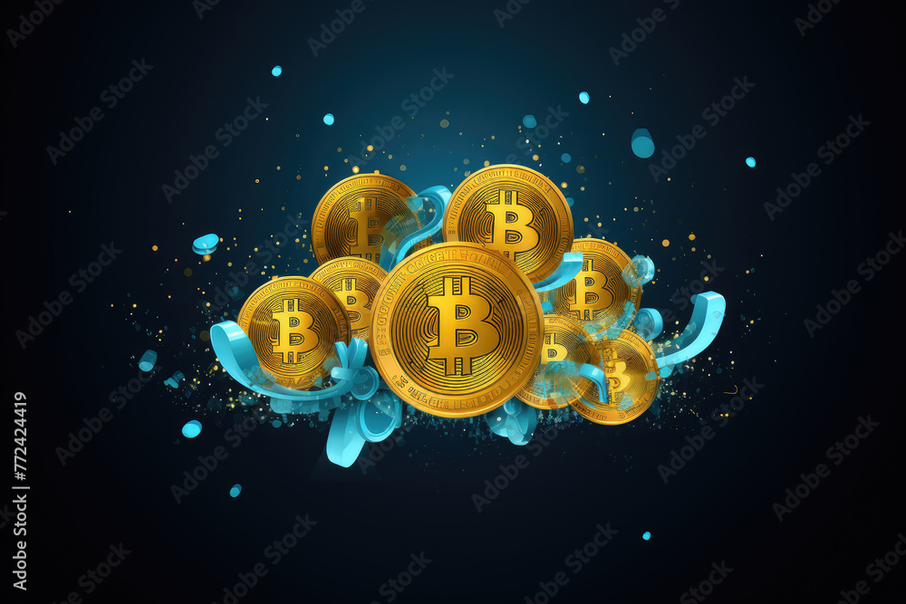 Poster a bunch of gold colored bitcoin coins are floating in the air. the coins are scattered in different 