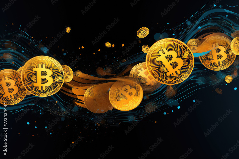 Poster a series of gold colored bitcoin coins are shown in a swirling pattern. the coins are scattered thro