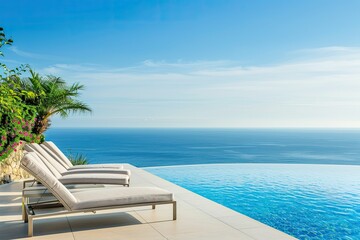 A pool with a white railing and a view of the ocean