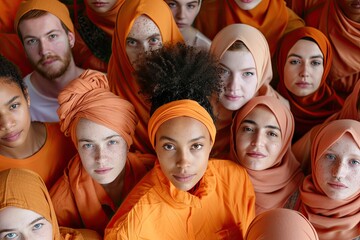 A group of people wearing orange head scarves