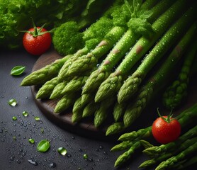Asparagus stalks in a splash of water on the table. Background. Illustration by Generative AI.