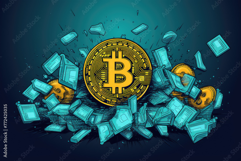Poster a cartoonish drawing of a bitcoin coin surrounded by broken pieces of paper. scene is chaotic and di