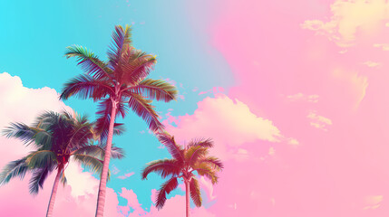Fototapeta na wymiar Tropical palm trees silhouette against a dreamy pastel sky with whimsical clouds and a vibrant cyan and magenta hue