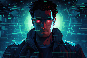 A man with red eyes and glasses is staring at the camera. The image has a futuristic and dystopian feel to it