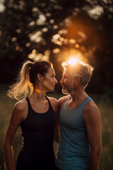 couple in their 40's looking at each other at sunset in workout clothes
