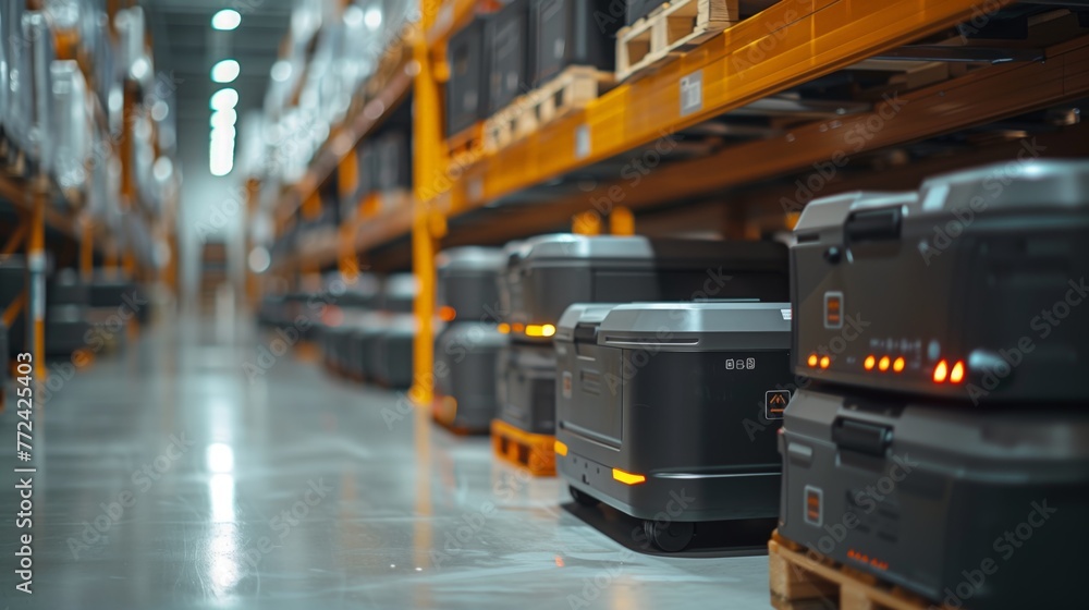Poster autonomous mobile robots navigating a modern warehouse