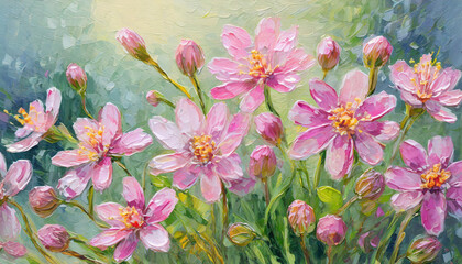 Fototapeta na wymiar Oil painting of small pink spring flowers. Bright botanical art. Beautiful and creative postcard.
