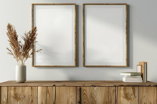 Two vertical ISO A0 frame mockup, reflective glass, mockup poster on the wall of living room. Interior mockup. Apartment background. Modern Japandi interior design. 3D render