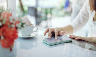 Close-up view. young asian woman using smart phone for business, online shopping, financial,...
