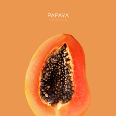 Creative layout made of macro papaya on the orange background. Food concept.
