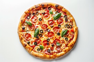 Sliced pizza with salami, tomatoes and olives on a wooden plate against white background.