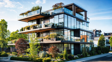 A modern glass building complex with green plants