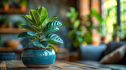 Ficus in ceramic pot on wooden table in coffee shop, stock photo - obrazy, fototapety, plakaty
