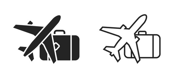 air travel flat and line icons. plane and luggage. vacation and journey symbols. isolated vector images for tourism design - obrazy, fototapety, plakaty