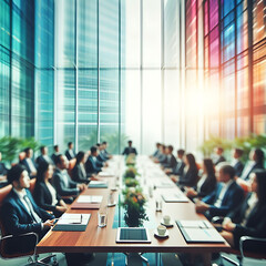Blurred view of a modern corporate boardroom meeting with executives in discussion, emphasizing a busy corporate environment. - obrazy, fototapety, plakaty