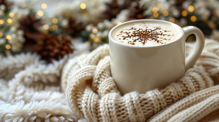Obraz na płótnie Canvas Cup of cappuccino and knitted scarf on Christmas background