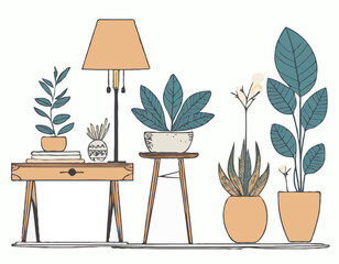 Boho Home Decor Side Tables with Lamp and Plants Vector Isolated Elements - obrazy, fototapety, plakaty