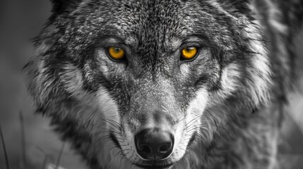 A black and white photo of a wolf's face with piercing yellow eyes. 
