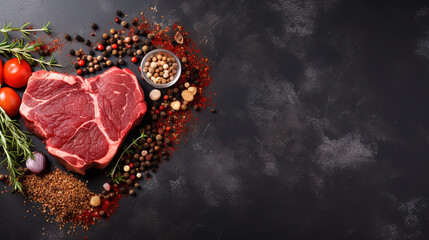 Different degrees of roasting beef steak in heart shape with spices - obrazy, fototapety, plakaty