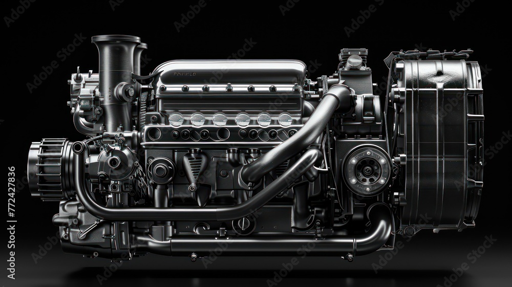 Poster this image showcases a highly detailed car engine isolated on a black background, emphasizing its in