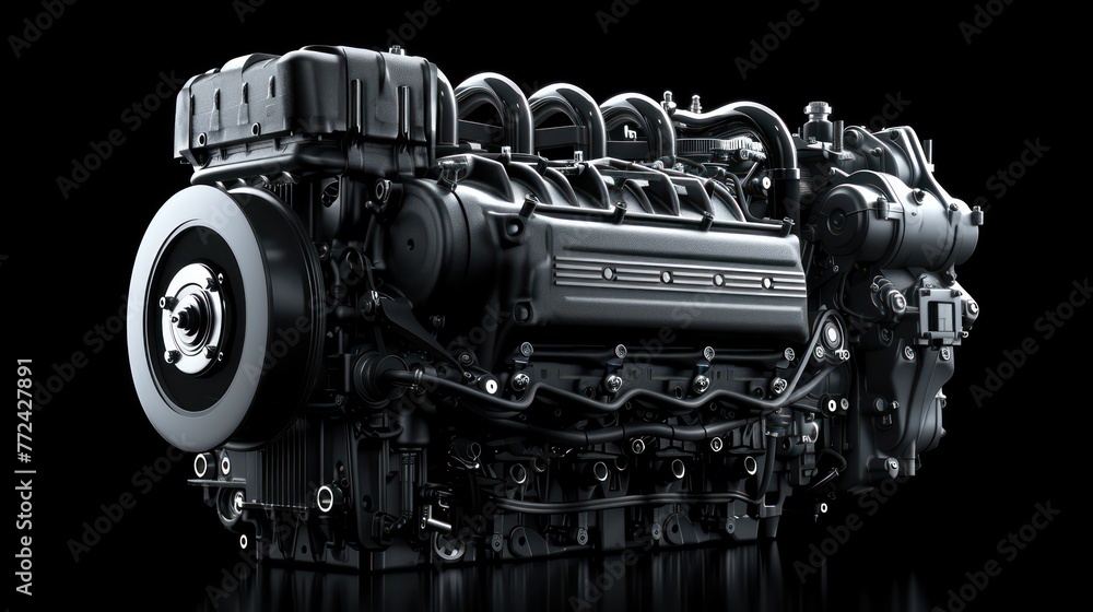 Poster a 3d rendered image of a modern, detailed car engine shown in a sleek black backdrop to highlight it