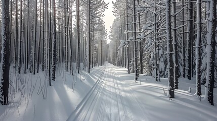 The ski trail runs through a young pine forest - obrazy, fototapety, plakaty