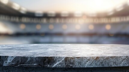 Stone table top with copy space. Stadium background
