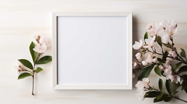 Empty picture frame mockup, green leaf background, for installing design images , Generate AI