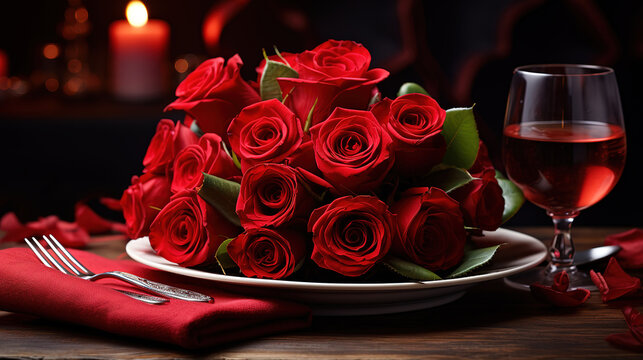 Table setting for valentines or wedding day with red roses