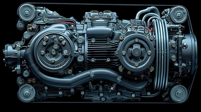 Detailed image showing the intricate design of a modern car engine with visible parts and components against a dark background