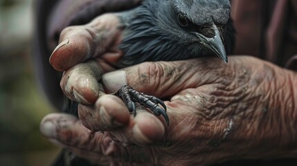 A close-up of a person's hand holding a bird.