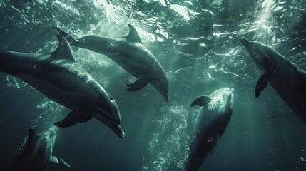 Underwater footage of dolphins swimming in the ocean