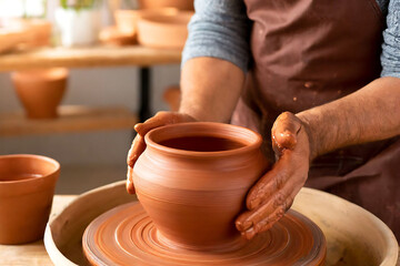 Fototapeta na wymiar Skilled Artist Meticulously Molding Clay on Potter’s Wheel in Workshop