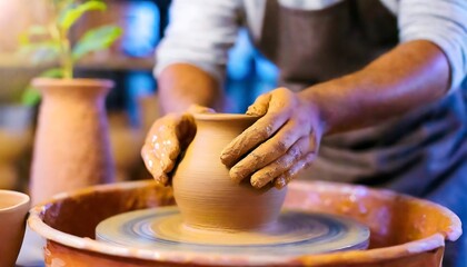 Skilled Artist Meticulously Molding Clay on Potter’s Wheel in Workshop