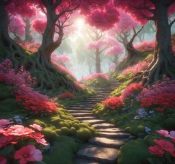 Beautiful fantasy landscape with a path leading to the forest and flowers