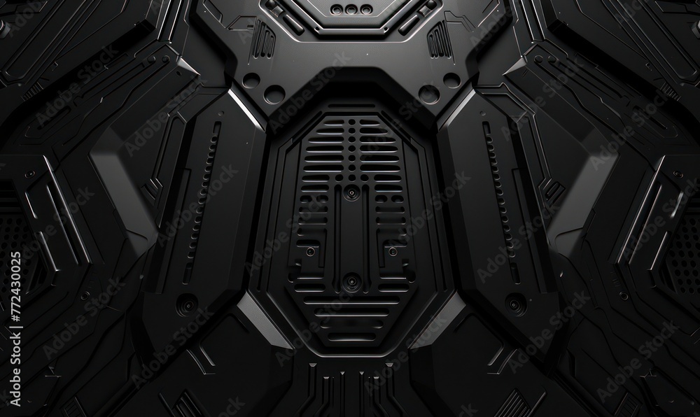 Poster detailed view of a dark futuristic mechanical panel with intricate geometric patterns, evoking a hig