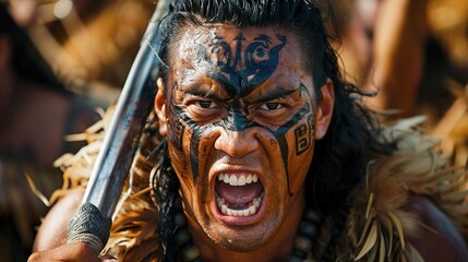 A Maori warrior whose haka causes seismic vibrations, detected by earthquake monitoring networks , film stock - obrazy, fototapety, plakaty