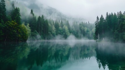 view of a lake and forest in the morning with mist over the forest