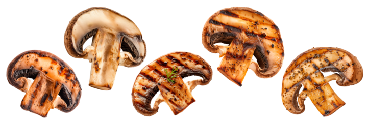 Set of grilled champignon mushrooms slices isolated on a white or transparent background. Grilled mushrooms close-up. Mushroom slices with grill grid marks. Food photography design element.