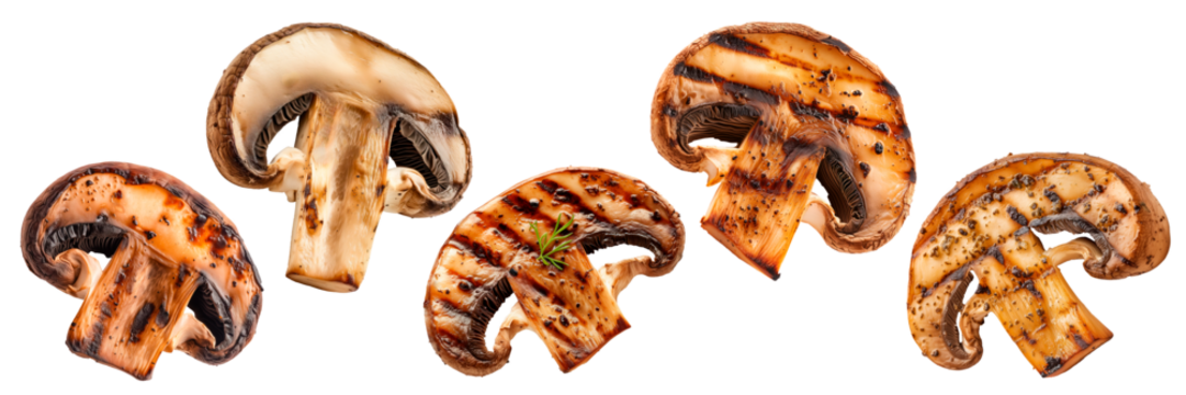 Set of grilled champignon mushrooms slices isolated on a white or transparent background. Grilled mushrooms close-up. Mushroom slices with grill grid marks. Food photography design element.