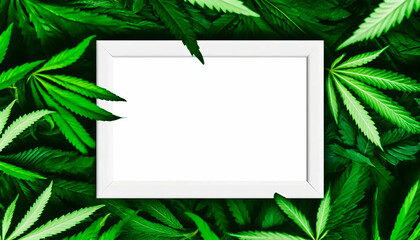 An empty white frame surrounded by leaves of marijuana weed leaves with ample copy space.