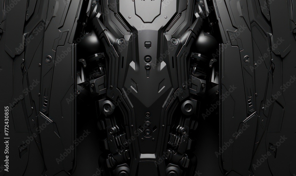 Poster a detailed and symmetrical view of a futuristic black robotic armor that conveys a sense of strength