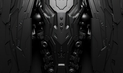 A detailed and symmetrical view of a futuristic black robotic armor that conveys a sense of strength and advanced technology