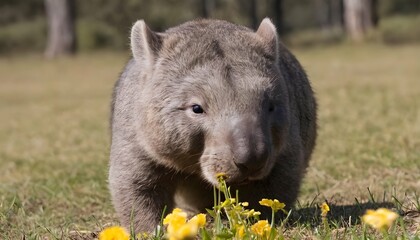A Curious Wombat Sniffing A Flower  2