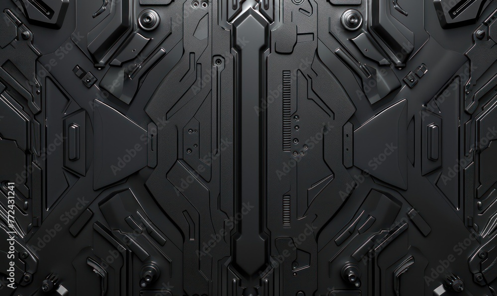 Poster a high-resolution image displaying a complex, black technology panel with a futuristic design, perfe