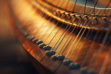 Harp strings and wood, ultra-detailed macro, close-up art style, serene lighting, crisp clarity