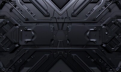An intricate, symmetric pattern of armored plates, exuding strength and futuristic technology across a sleek, dark surface - obrazy, fototapety, plakaty