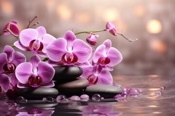 Naklejka na ściany i meble Tranquil Spa orchids stones. Flower nature. Generate Ai
