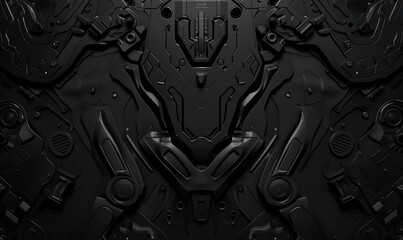 This image depicts a highly detailed, futuristic black robotic armor with a central V-shaped design, suggesting advanced technology and protection - obrazy, fototapety, plakaty